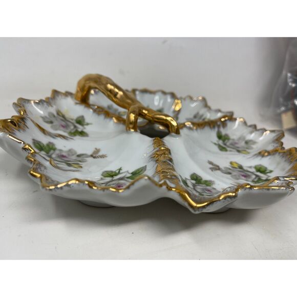 Divided Candy Nut Dish Vintage Marco Porcelain Bone China Gold Gild Rose Floral - Picture 3 of 9